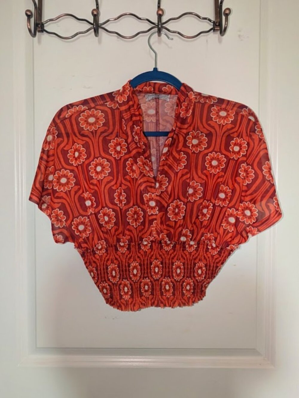 70's Women's Orange Short Sleeve Disco Mesh Flower Power Hippie Smocked Top